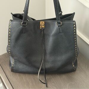 REBECCA MINKOFF Black Pebbled Leather Studded Tote Shoulder Bag w/ Gold Accents